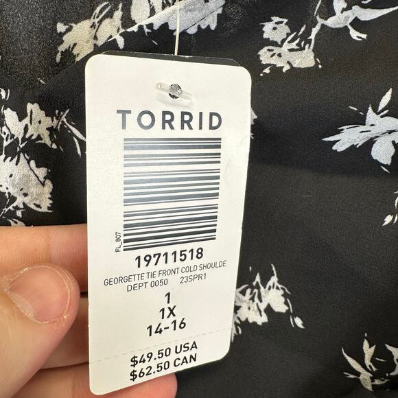 Torrid Georgette Tie Front Cold Shoulder Black Floral Blouse Womens Plus 1 - Picture 12 of 13